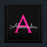 Hot Pink Black Script Girly Monogram Name Gift Box<br><div class="desc">Black and Hot Pink Simple script Monogram Name Jewellery Keepsake Box. This makes the perfect graduation,  birthday,  wedding,  bridal shower,  anniversary,  baby shower or bachelorette party gift for someone that loves glam luxury and chic styles.</div>