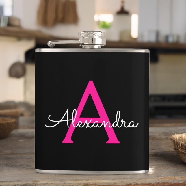 Hot Pink Black Script Girly Monogram Name Hip Flask (Creator Uploaded)