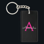 Hot Pink Black Script Girly Monogram Name Key Ring<br><div class="desc">Black and Hot Pink Simple Script Monogram Name Keychain. This makes the perfect sweet 16 birthday,  wedding,  bridal shower,  anniversary,  baby shower or bachelorette party gift for someone that loves glam luxury and chic styles.</div>