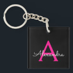 Hot Pink Black Script Girly Monogram Name Key Ring<br><div class="desc">Black and Hot Pink Simple Script Monogram Name Keychain. This makes the perfect sweet 16 birthday,  wedding,  bridal shower,  anniversary,  baby shower or bachelorette party gift for someone that loves glam luxury and chic styles.</div>