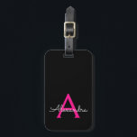 Hot Pink Black Script Girly Monogram Name Luggage Tag<br><div class="desc">Hot Pink and Black Monogram Add Your Own Name Script Signature Pillow. The luggage bag tag makes the perfect sweet 16 birthday,  wedding,  bridal shower,  baby shower or bachelorette party gift for someone who loves a chic elegant and modern style.</div>