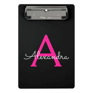 Hot Pink Black Script Girly Monogram Name Mini Clipboard