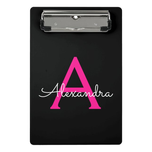 Hot Pink Black Script Girly Monogram Name Mini Clipboard (Front)