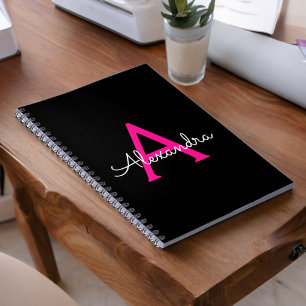 Hot Pink Black Script Girly Monogram Name Notebook