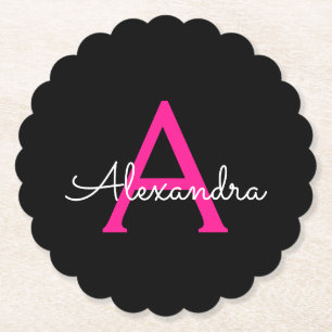Hot Pink Black Script Girly Monogram Name Paper Coaster