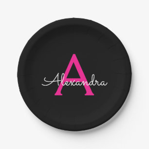Hot Pink Black Script Girly Monogram Name Paper Plate