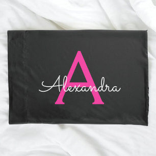 Hot Pink Black Script Girly Monogram Name Pillowcase
