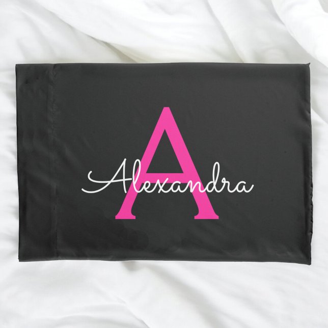 Hot Pink Black Script Girly Monogram Name Pillowcase (Creator Uploaded)