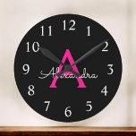 Hot Pink Black Script Girly Monogram Name Round Clock<br><div class="desc">Hot Pink and Black Simple Script Monogram Name Clock. This makes the perfect sweet 16 birthday,  wedding,  bridal shower,  anniversary,  baby shower or bachelorette party gift for someone that loves glam luxury and chic styles.</div>