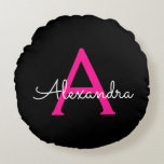Hot Pink Black Script Girly Monogram Name Round Cushion<br><div class="desc">Black and Hot Pink Simple Script Monogram Name Pouf Pillow. The pillow makes the perfect sweet 16 birthday,  wedding,  bridal shower,  baby shower or bachelorette party gift for someone decorating her room in rose gold.</div>