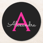 Hot Pink Black Script Girly Monogram Name Round Paper Coaster<br><div class="desc">Black and Hot Pink Simple Script Monogram Name Paper Coasters. This makes the perfect graduation,  birthday,  wedding,  bridal shower,  anniversary,  baby shower or bachelorette party gift for someone that loves glam luxury and chic styles.</div>
