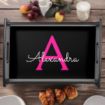 Hot Pink Black Script Girly Monogram Name Serving Tray<br><div class="desc">Black and Hot Pink Simple Script Monogram Name Place Serving Tray. This makes the perfect graduation,  birthday,  wedding,  bridal shower,  anniversary,  baby shower or bachelorette party gift for someone that loves glam luxury and chic styles.</div>