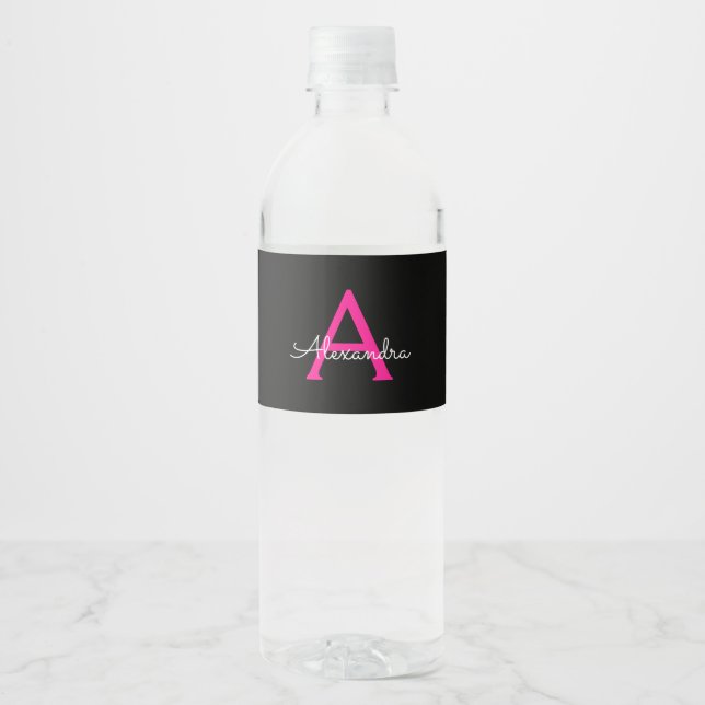 Hot Pink Black Script Girly Monogram Name Water Bottle Label (Front)