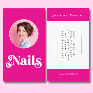 Hot Pink Black Script Photo Nail Tech Business Card