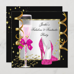 Hot Pink Black Silver Women's Birthday Party Invitation