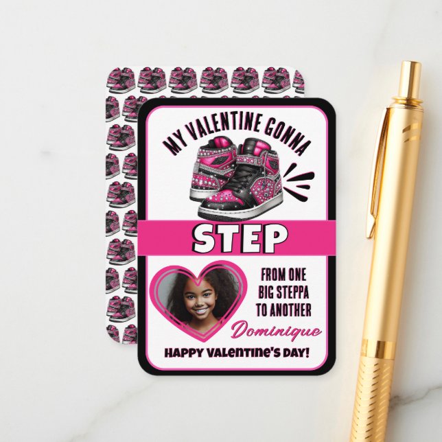 Hot Pink/Black Sneaker Photo Classroom Valentine Enclosure Card (Front/Back In Situ)