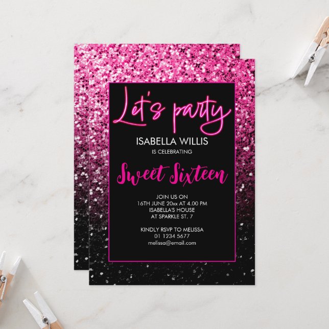 Hot pink black sparkles Sweet 16 neon lets party  Invitation (Front/Back In Situ)