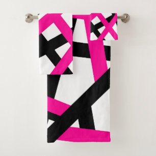 Hot Pink Black Stripe Geometric Bath Towel Set