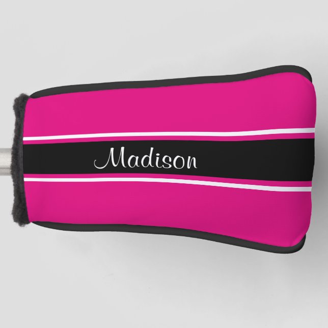Hot Pink Black Stripe Script Name Monogram Golf Head Cover (Front)