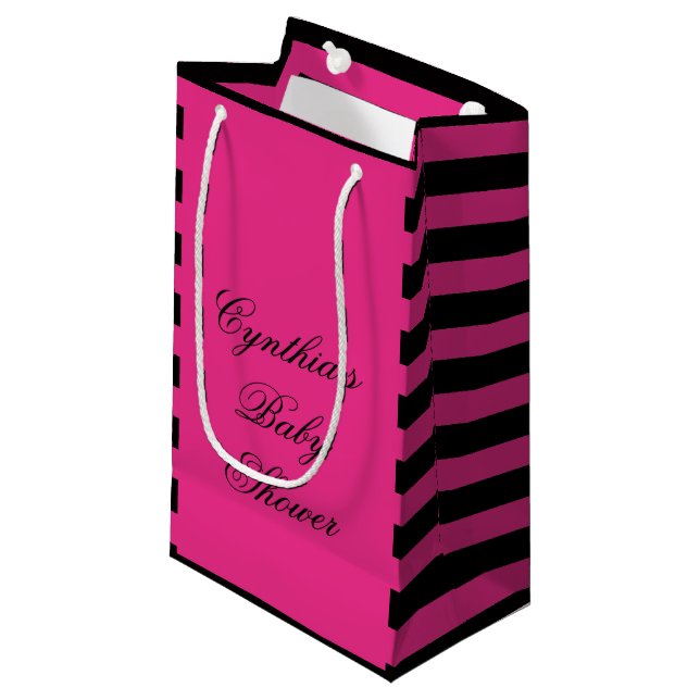 Hot Pink & Black Stripes Baby Shower Favour Bags (Front Angled)