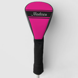 Hot Pink Black Stripes Name Script Monogram Golf Head Cover