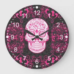 Hot Pink Black Sugar Skull Roses Gothic Grunge Large Clock
