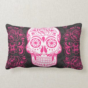 Hot Pink Black Sugar Skull Roses Gothic Grunge Lumbar Cushion