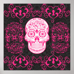 Hot Pink Black Sugar Skull Roses Gothic Grunge Poster