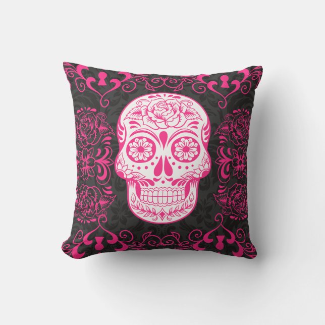 Hot Pink Black Sugar Skull Roses Gothic Pillow (Front)