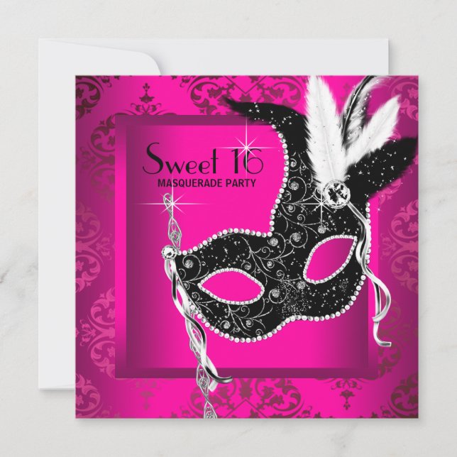 Hot Pink Black Sweet 16 Masquerade Party Invitation (Front)