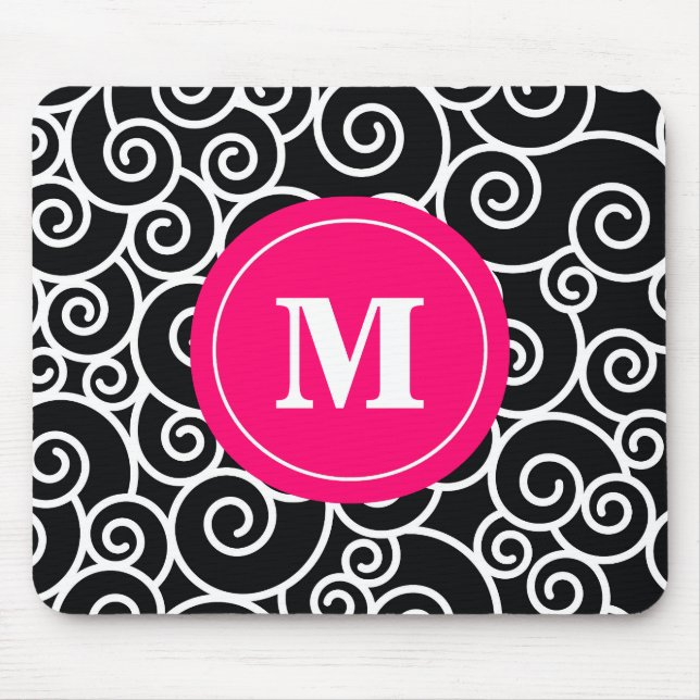 Hot Pink Black Swirl Monogram Mouse Pad. Mouse Pad (Front)