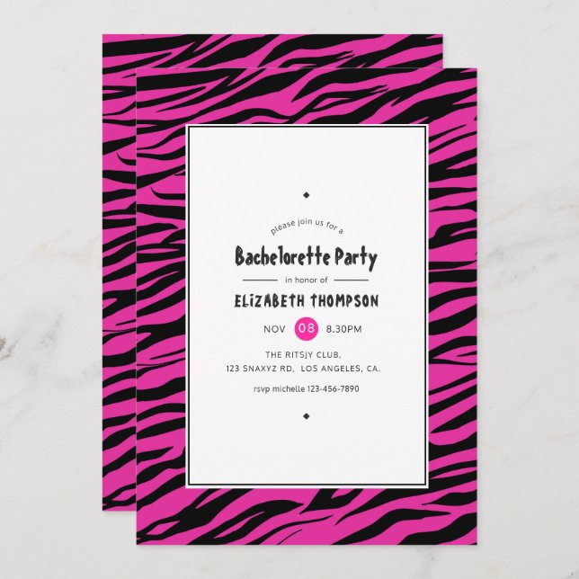 Hot-Pink & Black Tiger Stripes Bachelorette Party Invitation (Front/Back)