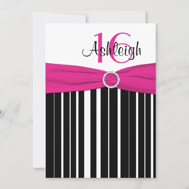 Hot Pink, Black, White 16th Birthday Invitation (Front)