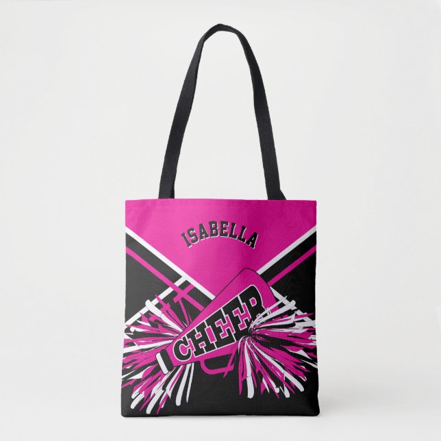 Hot Pink, Black & White Cheerleader Design Tote Bag (Front)