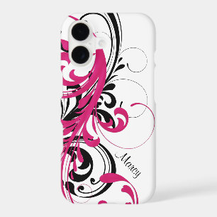 Hot Pink Black White Funky Wavy Scroll Floral