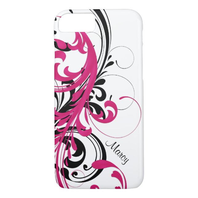 Hot Pink Black White Funky Wavy Scroll Floral Case-Mate iPhone Case (Back)