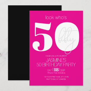 Hot Pink Black White Modern 50th Birthday Invitation