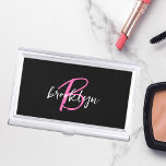 Hot Pink Black White Monogram Business Card Holder<br><div class="desc">This elegant modern business card case features a monogram and first name in modern hot pink and white script on a black background.</div>