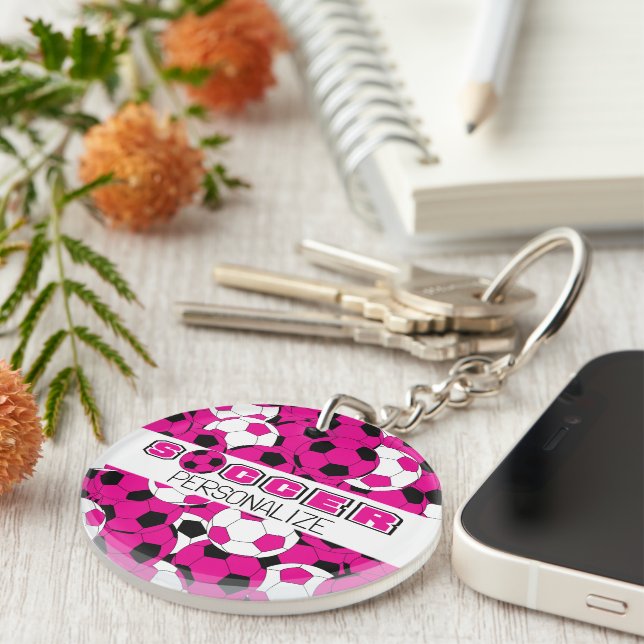 Hot Pink, Black & White Personalise Soccer Ball   Key Ring (Front Right)