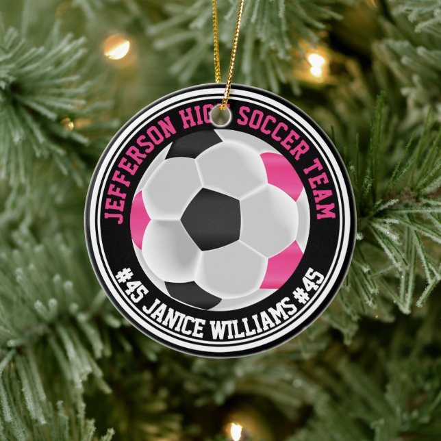 Hot Pink, Black & White Soccer ⚽  Ceramic Ornament (Tree)