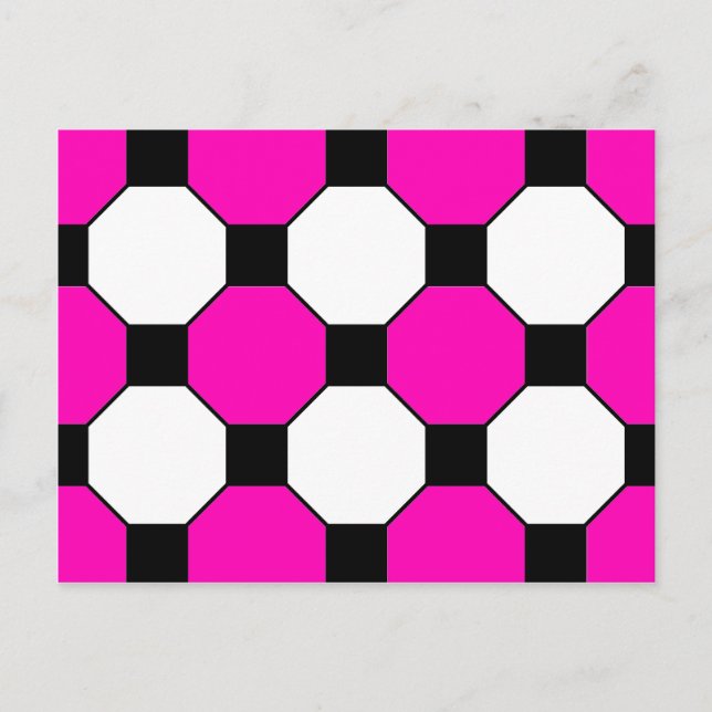 Hot Pink Black White Squares Hexagons Pattern Postcard (Front)