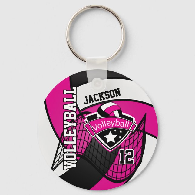 Hot Pink, Black & White Volleyball 🏐 Design Key Ring (Front)