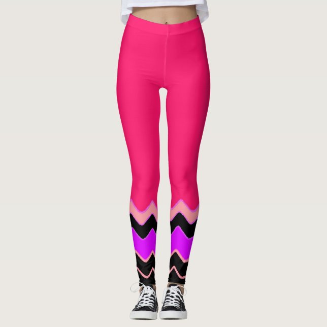 Hot Pink, Black & White wavy Chevron pattern Leggings (Front)