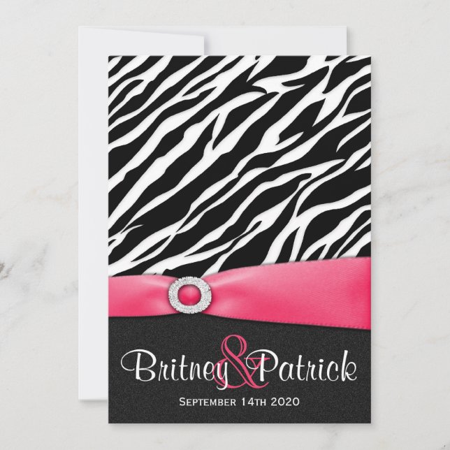 Hot Pink Black White Zebra Wedding Invitations (Front)