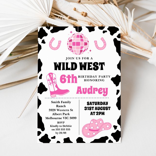 Hot Pink Black Wild West Cowgirl Birthday  Invitation (Hot pink and black girls cowgirl, wild west or western themed birthday invitation with disco ball.)