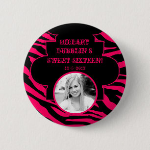 Hot Pink Black Zebra Print Animal Photo Button