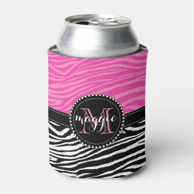 Hot Pink & Black Zebra Print Monogram Pattern Can Cooler (Can Front)