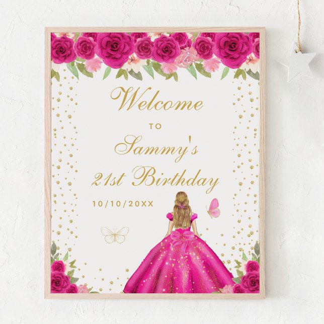 Hot Pink Blonde Hair Girl Birthday Party Welcome Poster (Creator Uploaded)