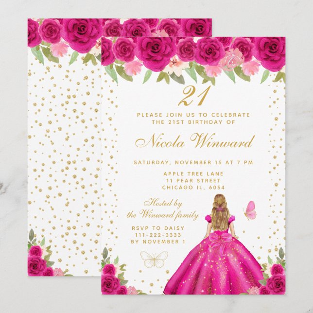 Hot Pink Blonde Hair Princess Birthday Party Invitation (Front/Back)
