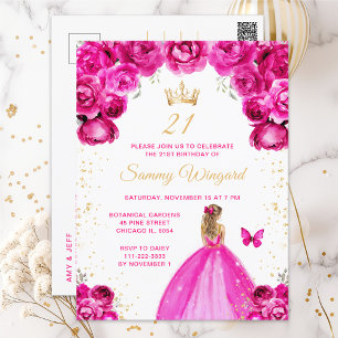 Hot Pink Blonde Hair Princess Birthday Party Postcard